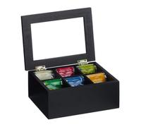 Relaxdays Caja de té negra con 6 compartimentos negro,transparente
