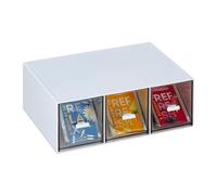 Relaxdays Caja de Té, Organizador con 3 Compartimentos, Plástico, Vertical u Horizontal, Apilable, Blanco y Transparente, 8 x 23 x 17,5 cm