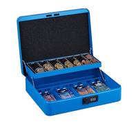 Relaxdays Caja Dinero, Combinación 3 Números, Bandeja para Monedas, Cajita Hierro, 8,5 x 30,5 x 25 cm, Azul