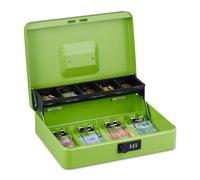 Relaxdays Caja Dinero, Combinación 3 Números, Bandeja para Monedas y 4 Espacios para Billetes, Cajita Efectivo, Verde, Hierro, 8,5 x 30,5 x 24,5 cm