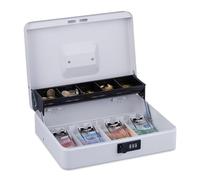 Relaxdays Caja Dinero, Combinación 3 Números, Bandeja para Monedas y 4 Espacios para Billetes, Cajita Efectivo, Blanco, Hierro, 8,5 x 30,5 x 24,5 cm