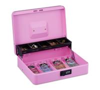 Relaxdays Caja Dinero, Combinación 3 Números, Bandeja para Monedas y 4 Espacios para Billetes, Cajita Efectivo, Rosa, Hierro, 8,5 x 30,5 x 24,5 cm