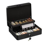 Relaxdays Caja Dinero con Llave, Bandeja Monedas y 4 Compartimentos Billetes, Cajita Hierro, 8,5x30,5x24,5 cm, Negro
