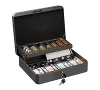 Relaxdays Caja Dinero con Llave, Bandeja Monedas y 4 Compartimentos Billetes, Cajita Hierro, 8,5x30,5x24,5 cm, Gris