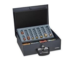 Relaxdays Caja Dinero, con Cierre, Contador de Monedas, Acero, 2 Llaves, Cambio y Billetes, 10,5 x 36 x 27,5 cm, Negro