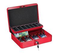 Relaxdays Caja Dinero con Llave, Bandeja Monedas y 4 Compartimentos Billetes, Cajita Hierro, 8,5x30,5x24,5 cm, Rojo