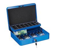 Relaxdays Caja Dinero con Llave, Bandeja Monedas y 4 Compartimentos Billetes, Cajita Hierro, 8,5x30,5x24,5 cm, Azul