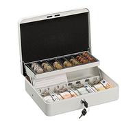 Relaxdays Caja Dinero con Llave, Bandeja Monedas y 4 Compartimentos Billetes, Cajita Hierro, 8,5x30,5x24,5 cm, Blanco