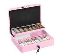 Relaxdays Caja Dinero con Llave, Bandeja Monedas y 4 Espacios Billetes, Cajita Hierro, 8,5x30,5x24,5 cm, Rosa