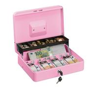 Relaxdays Caja Dinero con Llave, Bandeja Monedas y 4 Espacios Billetes, Cajita Hierro, 8,5x30,5x24,5 cm, Rosa