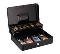 Relaxdays Caja de Dinero Llaves, 5 Compartimentos de Monedas y 4 de Billetes, Hierro, 8,5x30,5x24,5 cm, Negro