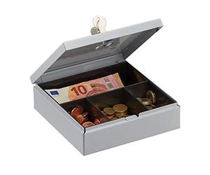 Relaxdays Caja Fuerte Pequeña con 2 Llaves, Caja Dinero, Caja Metálica, Caja Caudales, Acero-Plástico, 17 x 17 cm, Gris