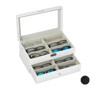 Relaxdays Caja Gafas con 12 Compartimentos, Organizador, 1 Ud, Cuero Sintético-Cristal, 15,5 x 33,5 x 19 cm, Blanco
