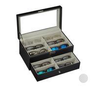 Relaxdays Caja Gafas con 12 Compartimentos, Organizador, 1 Ud, Cuero Sintético-Cristal, 15,5 x 33,5 x 19 cm, Negro
