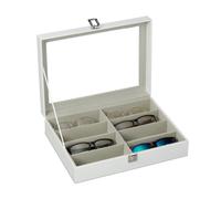 Relaxdays Caja Gafas con 8 Compartimentos, Organizador, 1 Ud, Cuero Sintético-Cristal, 8,5 x 33,5 x 24,5 cm, Blanco