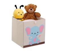 Relaxdays Caja Infantil Almacenar Juguetes Diseño Elefante, Cesta Plegable, para Cuarto Niños 33x33x33 cm, Beige/Azul, Cartón, 33 x 33 x 33 cm