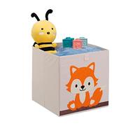 Relaxdays Caja Infantil Almacenaje Juguetes Diseño Zorro, Cesta Tela, Decoración Niños, Bebés, 33x33x33cm, Beige/Naranja, Cartón, 33 x 33 x 33 cm