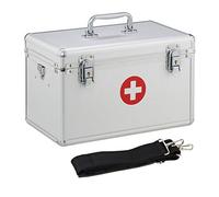 Relaxdays Caja Medicamentos con Correa para Botiquín de Primeros Auxilios, Plateado, Aluminio, 19 x 32 x 20 cm