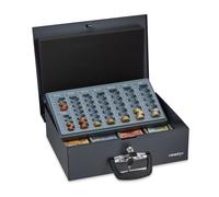 Relaxdays Caja Dinero, con Cierre, Contador de Monedas, Acero, 2 Llaves, Cambio y Billetes, 10,5 x 36 x 27,5 cm, Negro