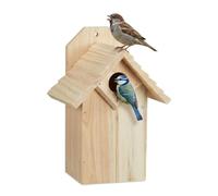 Relaxdays Caja Nido para carboneros y gorriones, Puerta abatible, Madera sin Tratar, Colgante, 25 x 15.5 x 15 cm, Natura