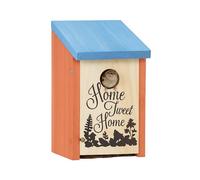 Relaxdays Caja Nido Nido para carboneros, gorriones, 32 mm, Puerta de Limpieza, Madera para Colgar, Color Naranja/Azul