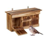 Relaxdays Caja Nido para Gorriones, 3 Cámaras, Madera Abeto, Hueco Entrada 3x2 cm, Casa Pájaros Colgante, Flameado, 22 x 43.5 x 15 cm