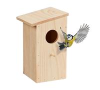 Relaxdays Caja Nido Plegable Casa Pájaros para Gorriones y Jilgueros, Panel Abatible, Madera Sin Tratar, Colgante, Jardín o Balcón, Natural, 25,5 x 15 x 16 cm