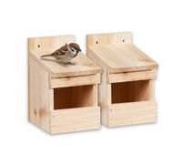 Relaxdays Caja Nido semicueva Set de 2 para mirlo y estornino, Apertura Grande, 20x12x15,5 cm, Madera Natural