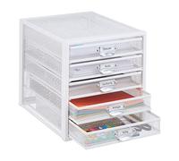 Relaxdays Caja Organizadora, 5 Cajones, Organizador de Escritorio, con Rótulos, Rejilla, 29x27,5x35,5 cm, Acero, Blanco