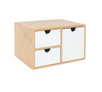 Relaxdays Caja organizadora bambú/MDF, 3 cajones estriados, 15x25x20 cm, organizador de escritorio, blanco/natural