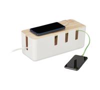 Relaxdays Caja Organizadora de Cables Grande, para Regleta de Enchufes, Plástico y Madera, 11,5 x 30 x 12,5 cm, Blanco