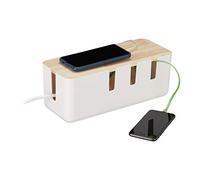 Relaxdays Kabelbox weiß Caja Organizadora de Cables Grande, para Regleta de Enchufes, Plástico y Madera, 11,5 x 30 x 12,5 cm, Blanco