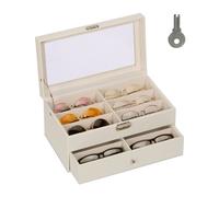 Relaxdays Organizador 12 Gafas de Sol, Ventana Cristal, Estuche Efecto Piel, Funda Terciopelo,15,5x33,5x19,5 cm, Blanco