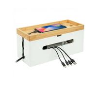 Relaxdays Caja organizadora para Cables bambú, Tapa, para regleta 6 Tomas, Natural/Blanco 16x34x13.5 cm