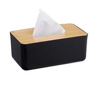 Relaxdays Caja Pañuelos Grande, Rellenable, Baño, Negro y Natural | Dispensador Toallitas Papel, Tapa Bambú, 10x23x13 cm