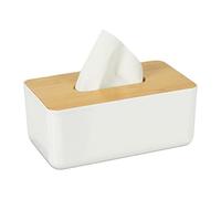 Relaxdays Caja Pañuelos Papel, Portapañuelos, Dispensador Plástico Toallitas, Tapa Madera, 10x23x13 cm, Blanco/Natural