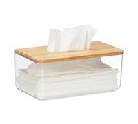 Relaxdays Tapa Caja Pañuelos, Plástico y Bambú, Portapañuelos, Dispensador Toallitas, 10 x 23,5 x 13 cm, Transparente/Natural