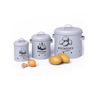 Relaxdays Caja para almacenar Patatas, cebollas y ajos, Set de 3, con Tapa y Agujeros, Metal, Gris