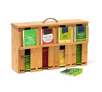 Relaxdays Caja para Bolsitas de Té, Bambú, Marrón, 22 x 33 x 10 cm | 22x33,5x10 cm, 4 compartimentos; con tapa, 160 bolsas