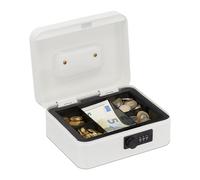 Relaxdays Caja Fuerte con Combinación de 3 Dígitos, Bandeja para Monedas, de Hierro, 8,5 x 20 x 17 cm, Blanco