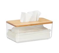 Relaxdays Tapa Caja Pañuelos, Plástico y Bambú, Portapañuelos, Dispensador Toallitas, 10 x 23,5 x 13 cm, Transparente/Natural