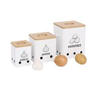 Relaxdays Caja para Patatas, cebollas y ajos, Set de 3, con Agujeros, Metal, Tapa de bambú, Cuadrada, Blanca/Natural, Silicona, Hierro, 24 x 23 x 15.5 cm