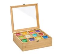Relaxdays Caja para Té, 12 Compartimentos, Organización Infusiones, Bambú, Separadores Extraíbles, 11x32x28 cm, Natural