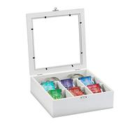 Relaxdays Scatola Porta Tè e Tisane Caja para té e infusiones, Siete Compartimentos, para 100 bolsitas, 6 x 25 x 25,5 cm, 1 Ud, Blanco, Tablero de Fibras