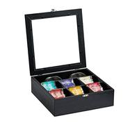 Relaxdays Caja para té e infusiones, Siete compartimentos, Para 100 bolsitas, 6 x 25 x 25,5 cm, 1 Ud., Negro