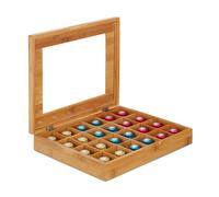 Relaxdays Caja para té e infusiones, 24 compartimentos, Plegable, Tapa transparente, Marrón