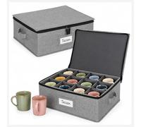 Relaxdays Caja para vajilla, set de 2, 12 tazas, gris | (Al x An x Fon): 17 x 41,5 x 34 cm, compartimento para etiquetas
