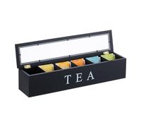 Relaxdays Caja Té, 6 Compartimentos, Bambú, 9 x 43,5 x 9 cm, para Infusiones y Cápsulas de Café, Cajita con Tapa, Negro