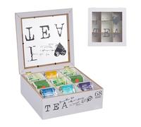 Relaxdays Caja Té, 9 Compartimentos, Organizador Infusiones, MDF y Acrílico, con Ventana, 9 x 25 x 25 cm, Blanco/Gris, Tablero de Fibras