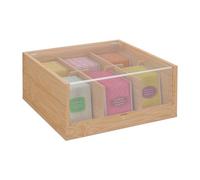 Relaxdays Caja Té, Bambú, 6 Compartimentos, Cajita Infusiones con Ventana, Organizador Café, 9,5x22x21,5 cm, Natural, 9,5 x 22 x 21,5 cm